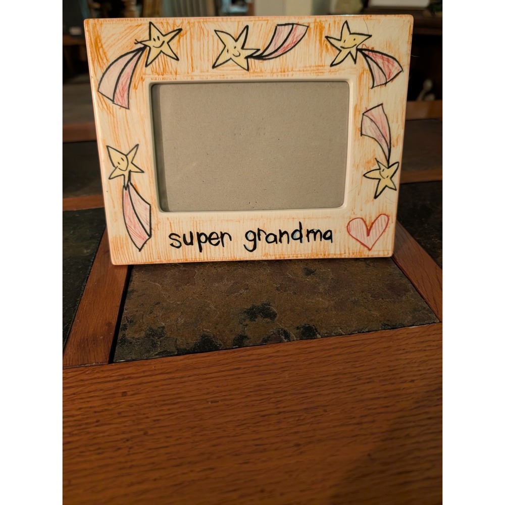 Vintage Russ Berrie "Skribbles" Ceramic Picture Frame – "Super Grandma" 9x7"